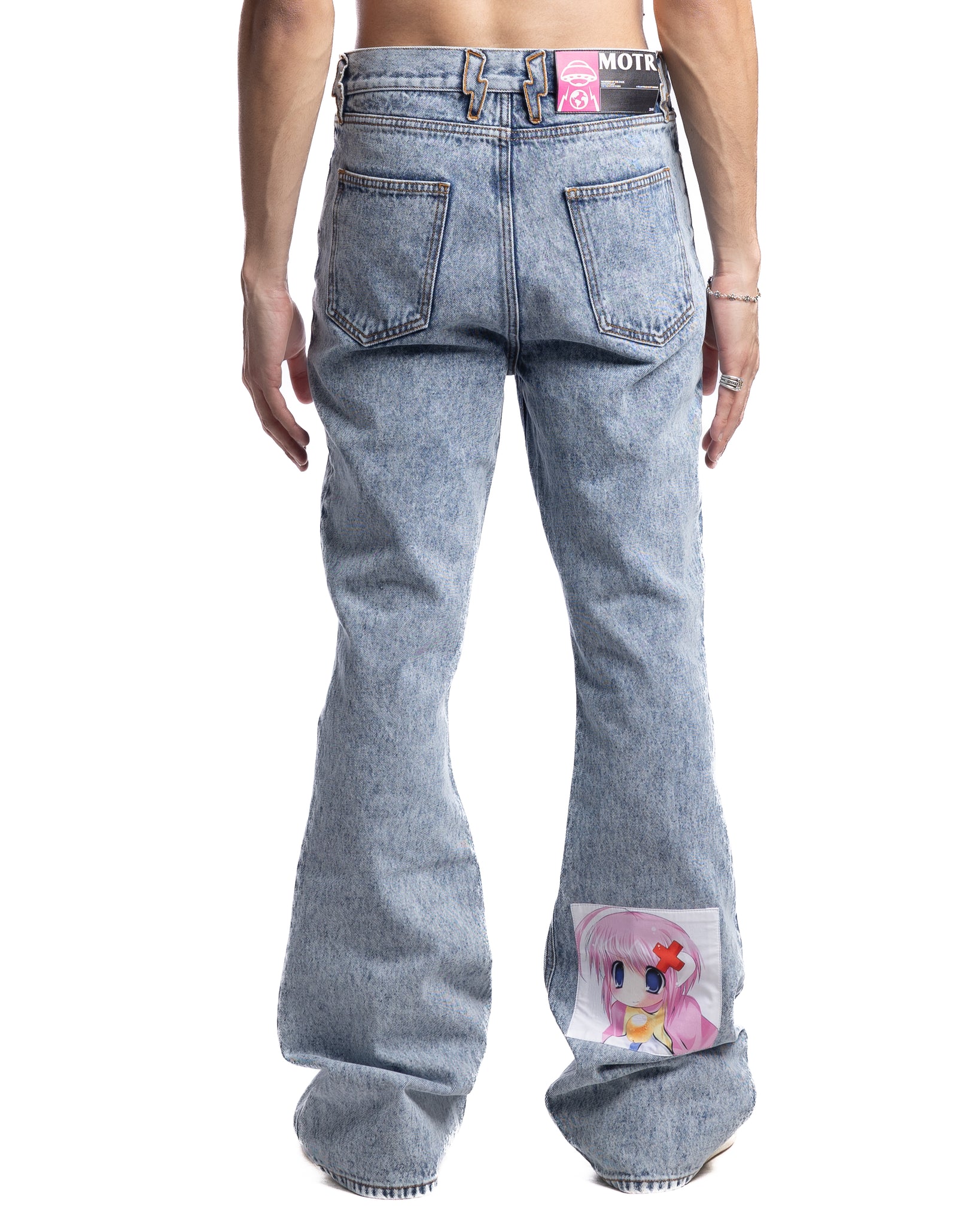 MOTR Anime Patches Flared Jeans Acid Wash