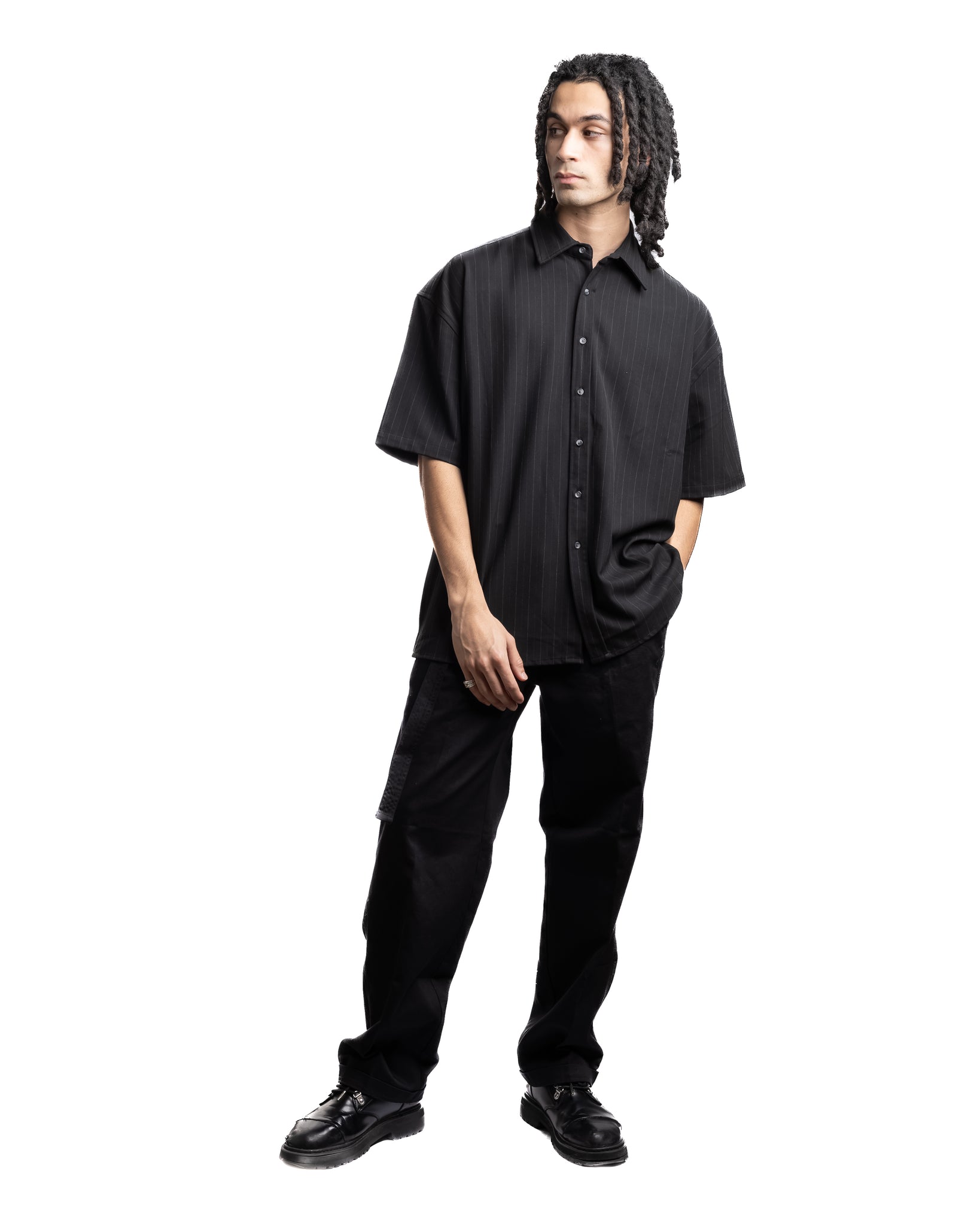 Beach Brains SS Suit Shirt Black Pinstripe