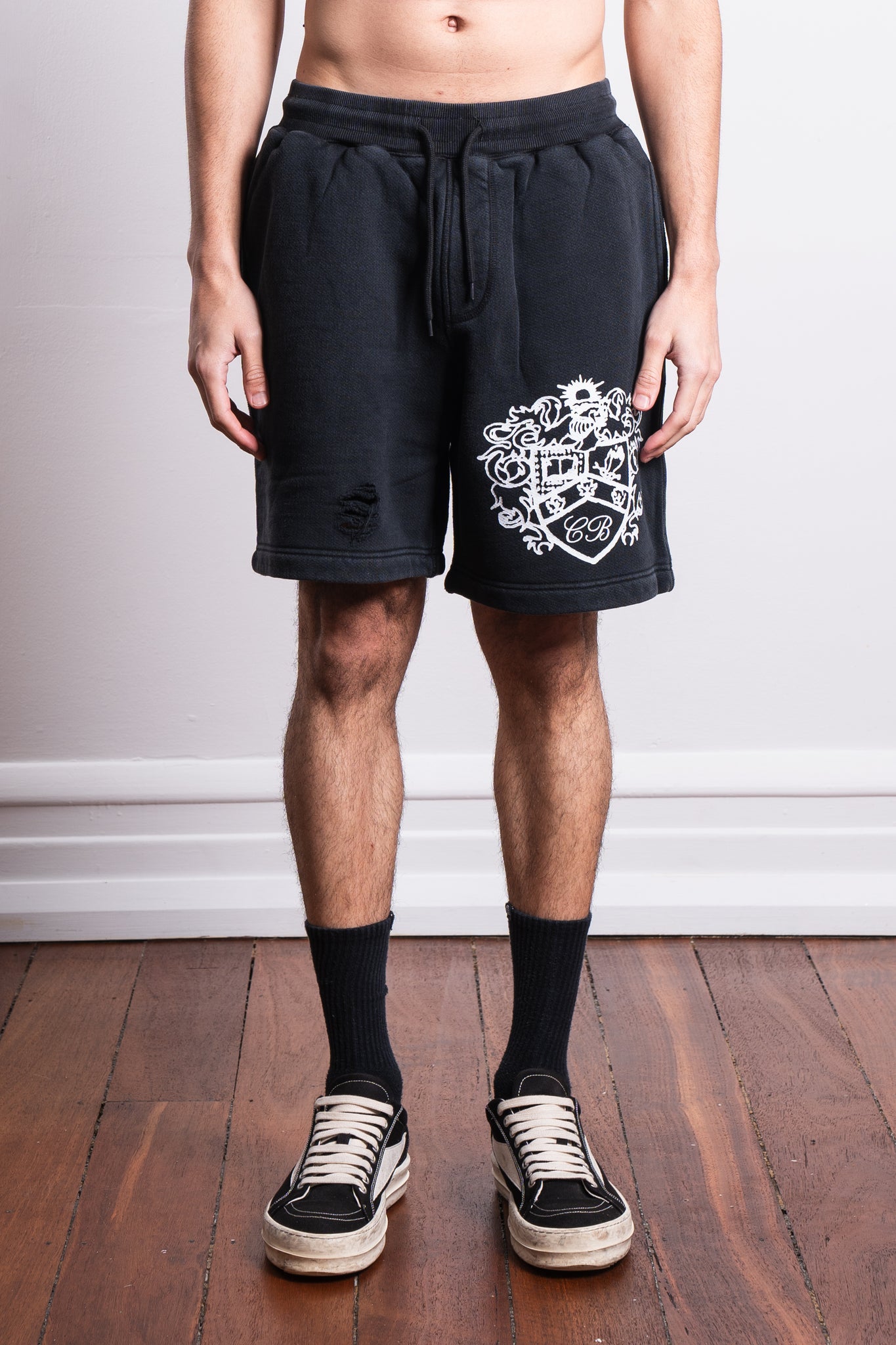 Cole Buxton Distressed Collegiate Crest Shorts Vintage Black