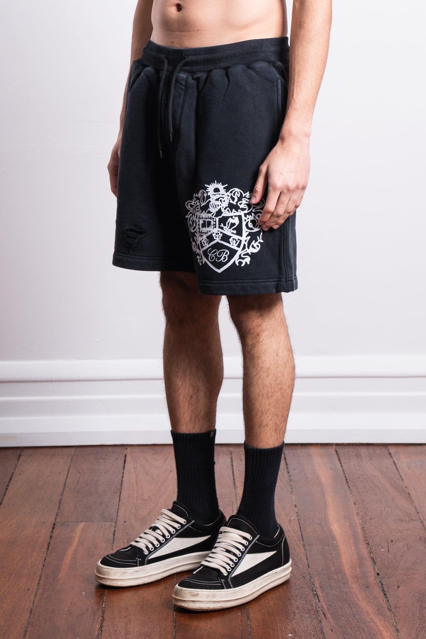 Cole Buxton Distressed Collegiate Crest Shorts Vintage Black