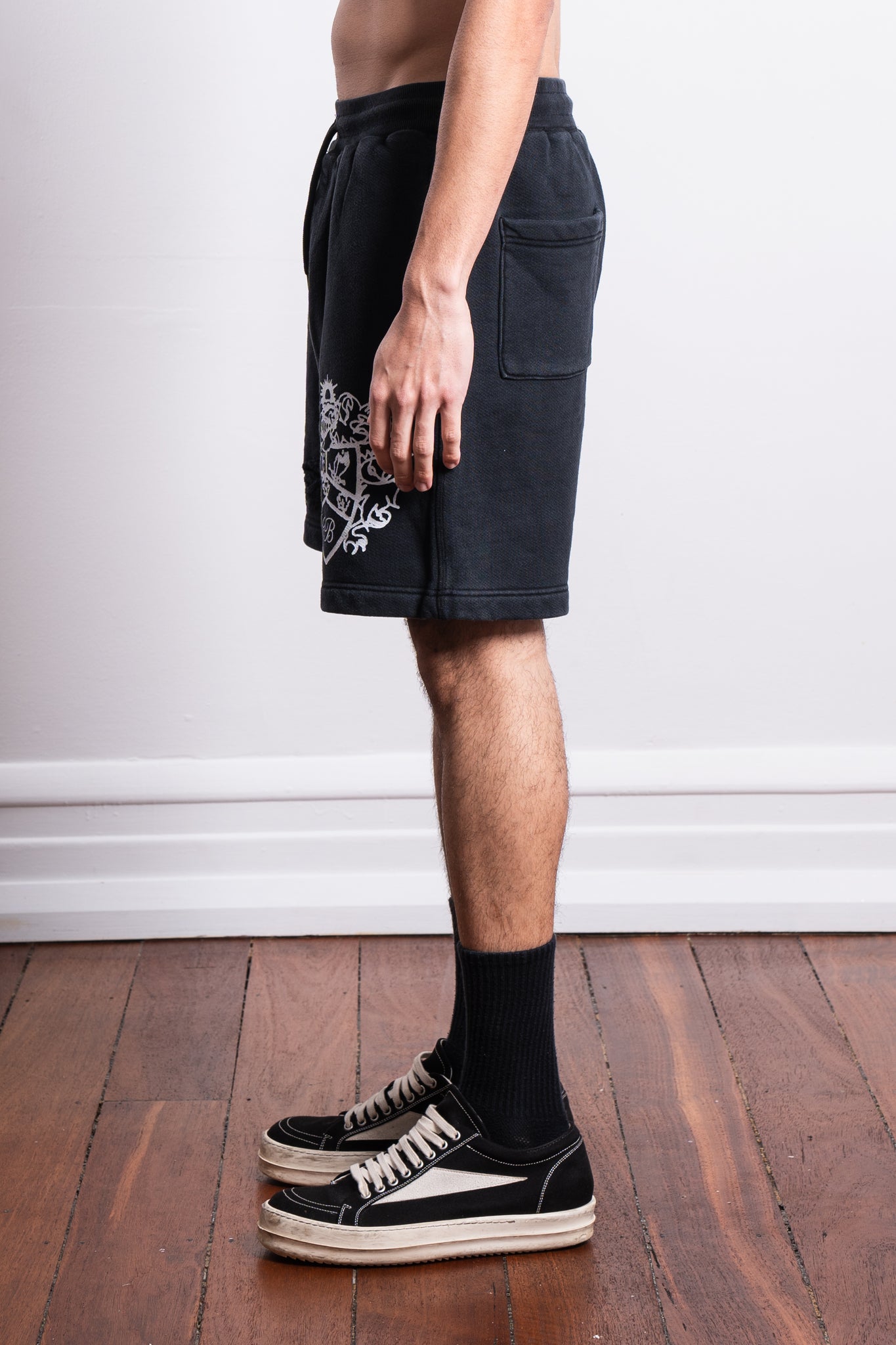 Cole Buxton Distressed Collegiate Crest Shorts Vintage Black