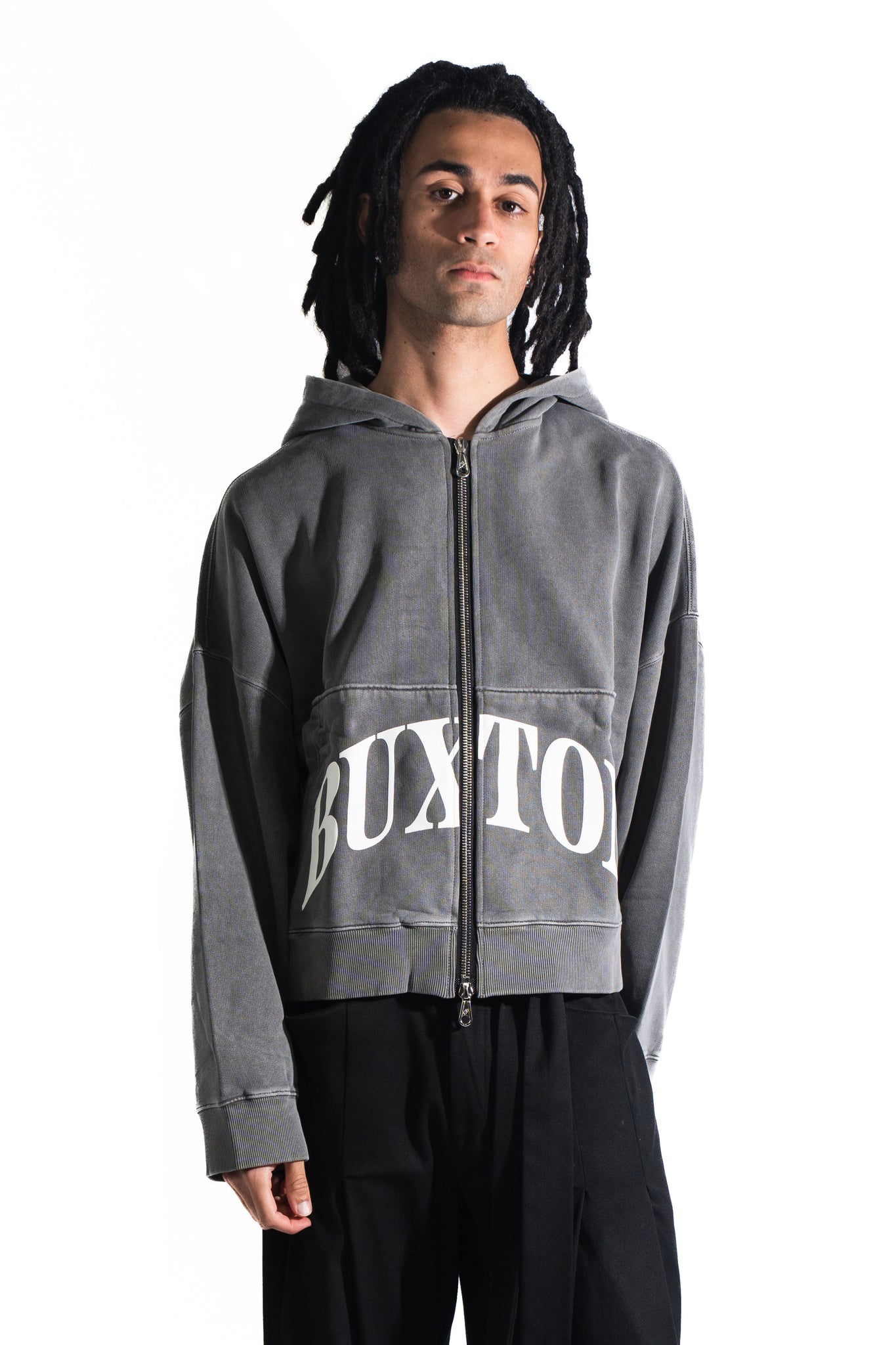 Cole Buxton Cropped Logo Zipped Hoodie Washed Black