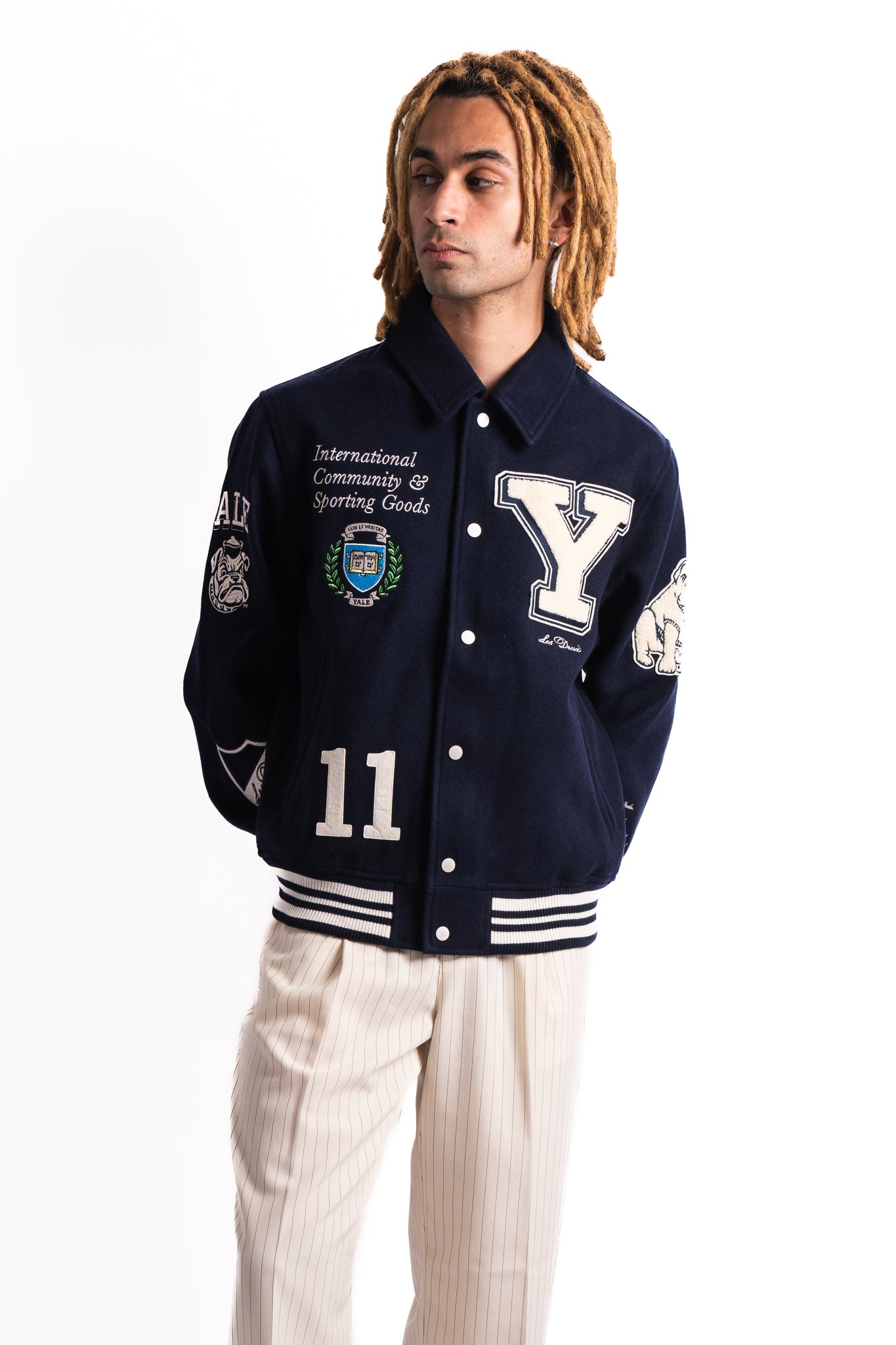 Les Deux x Yale Wool Varsity Jacket Dark Navy